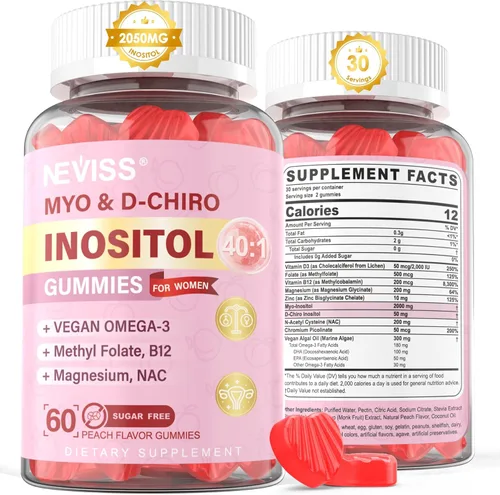Gomitas de mio-inositol y D-chiro inositol sin azúcar, suplemento de inositol ideal de proporción 40:1 para mujeres con omega-3, D3, magnesio,