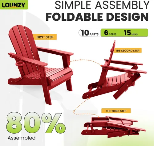 Vista 4 de LOUNZY Silla Adirondack plegable, color rojo oscuro