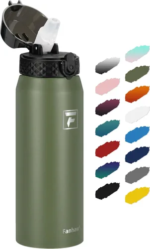 Vista 11 de Fanhaw Botella de agua aislada de acero inoxidable de 40 onzas con tapa con popote, botella deportiva extragrande a prueba de fugas para hombres