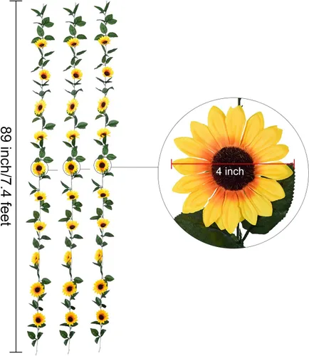 Vista 4 de DearHouse Paquete de 3 guirnaldas de girasoles artificiales de seda con hojas verdes para mesa de boda, decoración del hogar