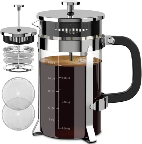Vista 12 de QUQIYSO Cafetera de prensa francesa de acero inoxidable 304 con 4 filtros, resistente al calor, duradera, fácil de limpiar, prensa de café de vidrio
