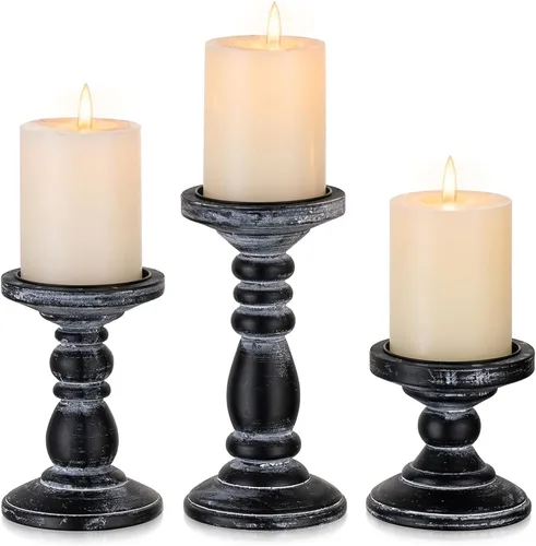 Portavelas de pilar de madera: 3 portavelas rústicos negros para velas de pilar, portavelas de madera envejecida, portavelas rústico grande para
