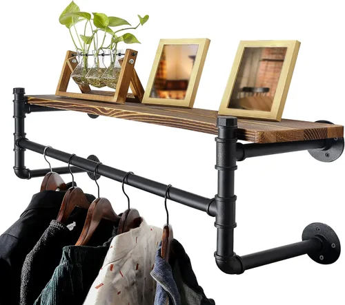 Vista 23 de WEBI Perchero de pared con estante, perchero industrial de 24 pulgadas con estantes, barra de ropa de hierro resistente, barra de ropa de exhibición