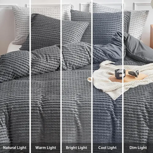 Vista 8 de WARMDERN Juego de funda de edredón Boho tamaño Queen, juego de funda de edredón a rayas de microfibra color gris oscuro, juego de 3 piezas