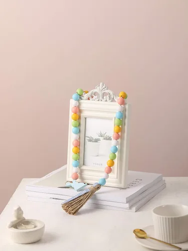 Vista 3 de Guirnalda de cuentas de madera de Pascua con borlas y etiqueta de conejo, cuentas de madera de estilo granja para decoraciones de bandeja