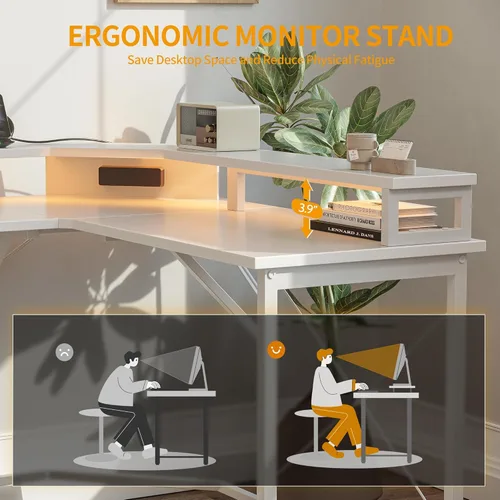Vista 7 de CubiCubi Escritorio en forma de L de 59 pulgadas con puertos de carga USB y luces LED, escritorio de esquina para computadora con cajón y estante
