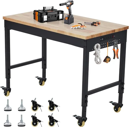Vista 9 de TrailBlaze Banco de trabajo de 48 x 24 pulgadas para garaje, estación de trabajo resistente con 4 ruedas con bloqueo, mesa de taller de madera