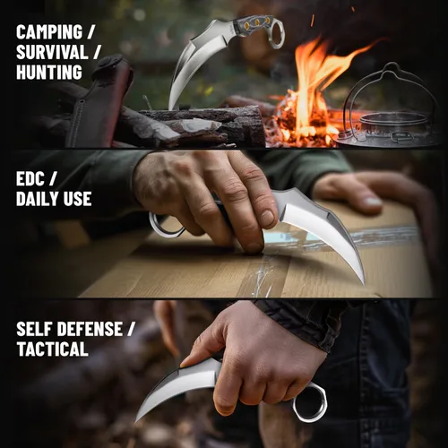 Vista 9 de Cuchillo táctico Karambit con funda - Mango de Micarta - Hoja fija de acero 440C pulida en espejo - Pequeños Karambits para camping, caza