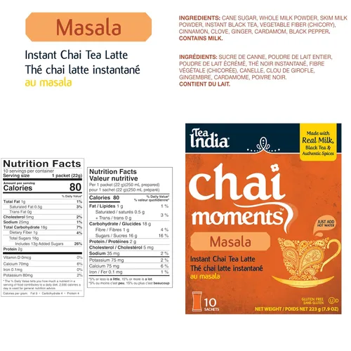 Vista 2 de Tea India Chai Moments Masala Chai Tea Instant Latte Mix Mezcla sabrosa de té negro premium e ingredientes naturales Té tradicional indio