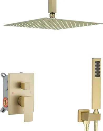 Vista 19 de Sistema de Ducha Dorado Cepillado para Baño con Cabezal de Ducha de Lluvia de 10 Pulgadas de Montaje en Techo con Ducha de Mano de Lujo de Alta