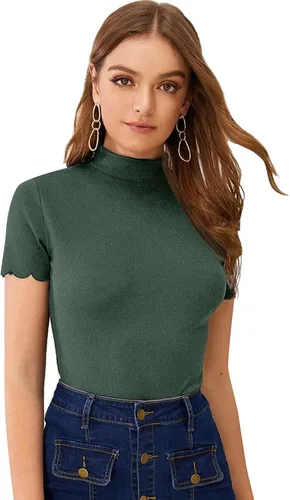 Vista 16 de SweatyRocks - Camiseta de manga corta con cuello alto, canalé y bordes envoltorio para mujer Beige
