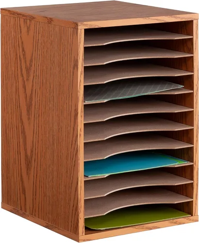 Vista 5 de Safco Vertical Desktop Sorter, Wooden Paper Organizer for Home Office and Classroom, 11 Adjustable, Letter-Size Compartments, Medium Oak