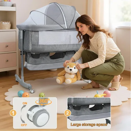 Vista 9 de 3-in-1 Bedside Crib for Baby, Adjustable Height Bassinet with Wheels, Storage & Mosquito Net, Portable Cradle for Newborn Infant 0-24 Months