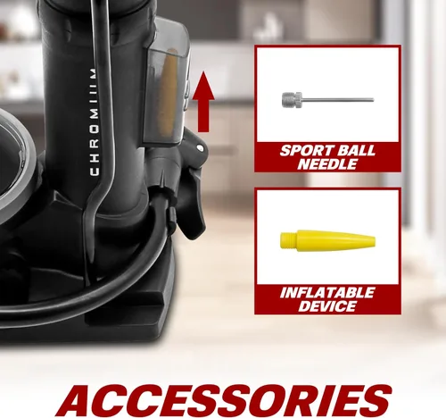 Vista 3 de BV Bomba de bicicleta de pie compuesta portátil con manómetro y presión de 100 PSI Bomba de bicicleta compatible con Schrader y Presta con pedal