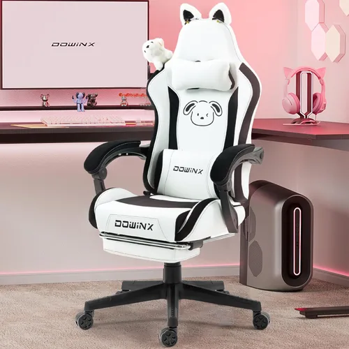 Vista 10 de Dowinx Silla de juegos linda con orejas de gato y soporte lumbar de masaje, silla ergonómica de computadora para niña con reposapiés