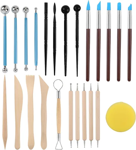 RUBFAC Polymer Clay Tools, Clay Tools Kit, 24pcs Clay Sculpting Tools Set with Stylus and Rock Painting Kit - Air Dry Clay Modeling for Pottery and