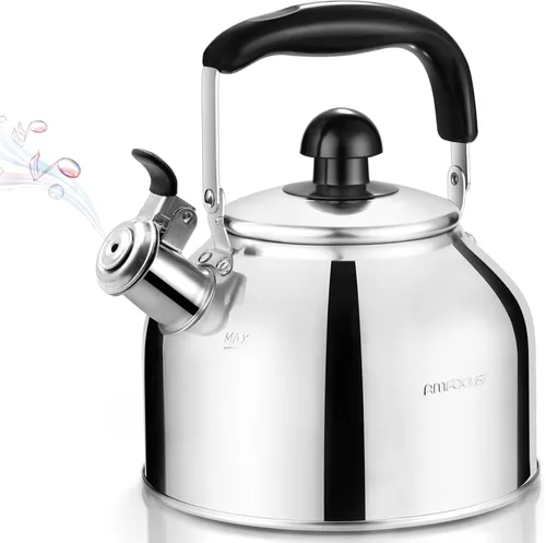 AMFOCUS Hervidor de Té para Estufa, Ollas de Té Silbantes para Estufa, Hervidor de 2.64 QT de Acero Inoxidable de Grado Alimentario con Mango
