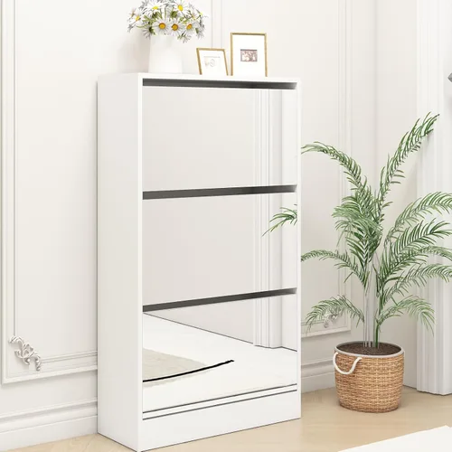 Natural Rattan Shoe Cabinet,Modern Simple Storage Cabinet Japanese Rattan Shoe Cabinet,Freestanding Shoe Rack with Mirror Cabinet, for Entryway,