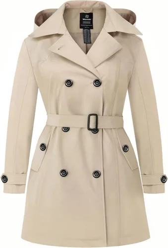 Vista 9 de Wantdo - Gabardina de mujer de talla grande con doble botonadura, impermeable, con solapa, abrigo elegante tipo pea con capucha desmontable Negro
