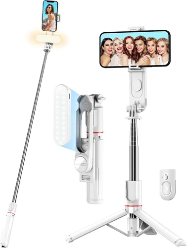 Vista 10 de Trípode estable para selfie stick con luz de relleno, palo selfie extensible de 44 pulgadas con control remoto inalámbrico y soporte de trípode