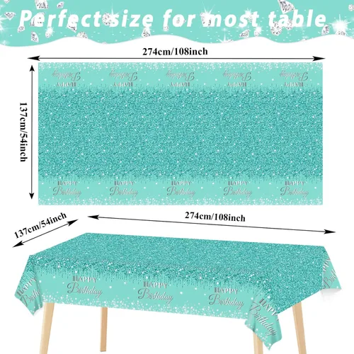 Vista 2 de 3 manteles de cumpleaños verde azulado y plateado para decoraciones de fiesta de feliz cumpleaños, cubiertas de mesa de plástico desechables