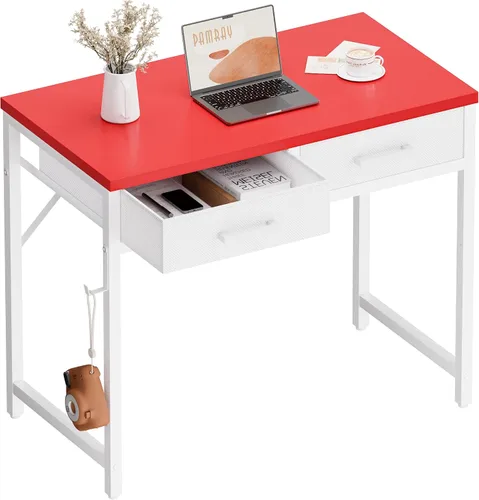 Vista 11 de Pamray Escritorio pequeño para computadora de 32 pulgadas con 2 cajones para dormitorio, estudio, escritura, mesa de oficina en casa para espacios