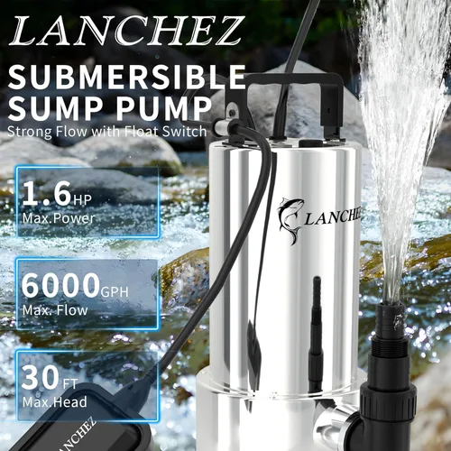 Vista 2 de LANCHEZ Bomba de sumidero de 1.6 HP 6000 GPH, bomba de agua sumergible de alto flujo de acero inoxidable con interruptor de flotador, bomba de agua