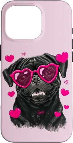 iPhone 16 Pro Negro Pug Regalo Para Mujeres Corazón Pug Mamá San Valentín Pugs Kisses Case