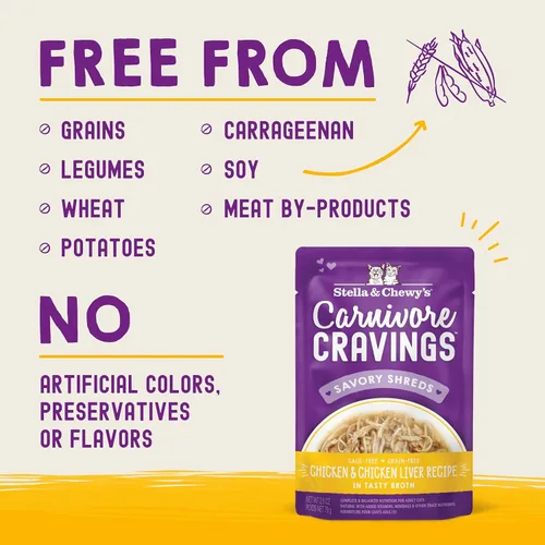 Vista 4 de Stella & Chewy's - Comida húmeda para gatos Carnivore Cravings - Sobres premium - Sin cereales, alto contenido en proteínas de pollo e hígado