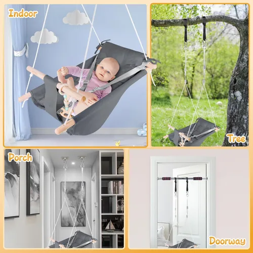 Vista 6 de Columpio para bebé interior y exterior, hamaca de lona para bebé a niño pequeño con asiento cómodo, juguete de madera Macaroon, arnés ajustable de 5