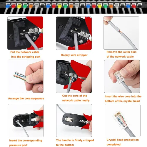 Vista 2 de TAIWAIN Juego de herramientas de crimpado de red RJ45 CAT5 CAT6, cortador de crimpado de pelacables de paso para cable LAN, kit de conector de Rojo