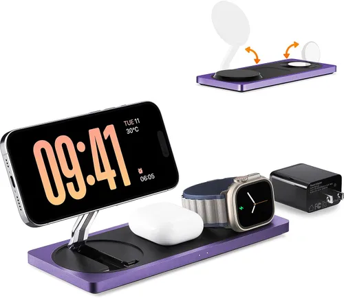 Vista 11 de Estación de carga 3 en 1 para dispositivos Apple: Usada para estación de carga de iPhone y reloj con soporte de cargador Magsafe, cargador