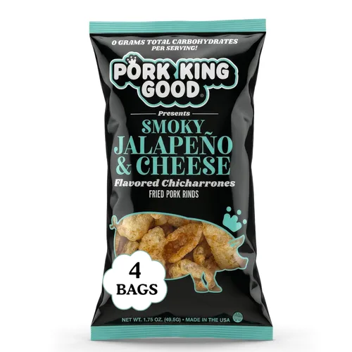 Vista 30 de Pork King Good Stupid Hot Pork Chicharrones - Paquete de 4 bocadillos bajos en carbohidratos, aptos para dieta cetogénica, chicharrones