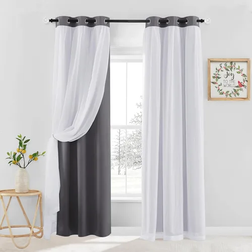 Vista 46 de PONY DANCE Cortinas Opacas con Superposición de Gasa, Cortinas de Doble Capa con Aislamiento Térmico Mix & Match para Oscurecer Habitaciones