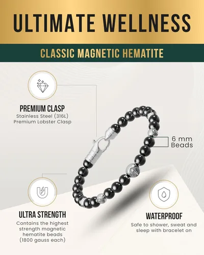 Vista 4 de MagnetRX® Pulsera magnética de hematita, piedras magnéticas de máxima resistencia con dijes de acero inoxidable, elegantes pulseras de cuentas
