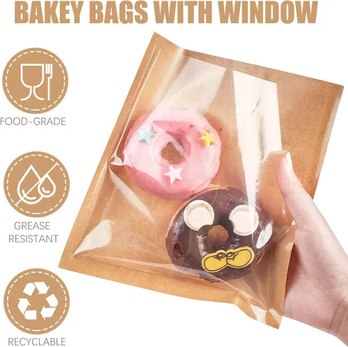 Vista 3 de ZORRITA Paquete de 200 bolsas de panadería termosellables con ventana, papel kraft resistente a la grasa, bolsas para llevar para embalaje