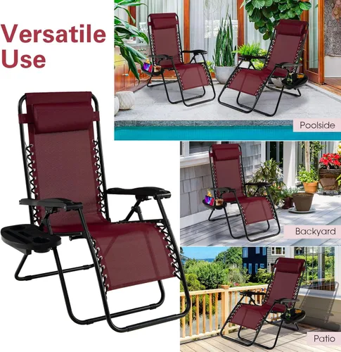 Vista 8 de Goplus Sillas de salón Zero Gravity, reclinables plegables ajustables en 160° con almohada y soporte para tazas, cómodas sillas de descanso de 350