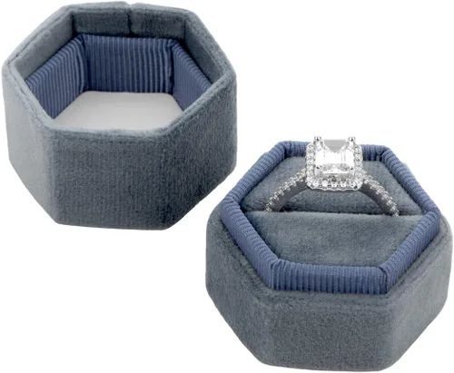 Koyal Wholesale Caja de anillo de terciopelo, color azul polvoriento, caja hexagonal para anillos vintage con tapa desmontable, caja de 2 piezas