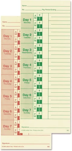 Lathem Tarjetas de tiempo, semanales, de 2 caras, 3 3/8" x 9", caja de 100