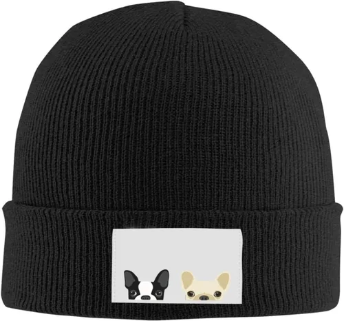 SEAEAGLE Boston Terrier y Bulldog Francés Amigos Gorro de punto Gorro de invierno cálido al aire libre Gorro de punto Base Calavera Negro
