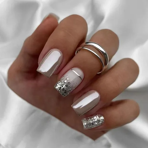 Vista 8 de Uñas postizas cuadradas medianas a presión, diseño de mármol verde con lámina dorada, uñas postizas acrílicas, uñas artificiales con pegamento
