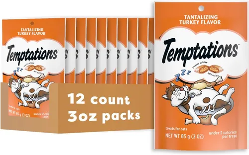 Temptations Golosinas para gatos, golosinas clásicas crujientes y suaves para gatos, sabor tentador a pavo, bolsa de 3 onzas (paquete de 12)