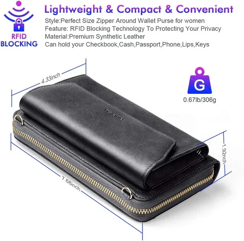 Vista 5 de nuoku Cartera RFID para mujer, bolso cruzado con cremallera alrededor de 2 correas