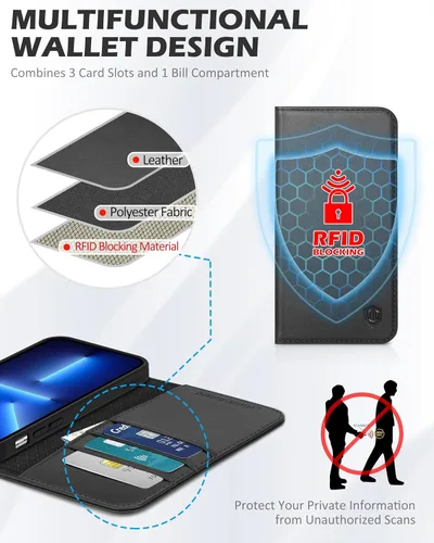 Vista 3 de SHIELDON Funda para iPhone 13 Mini 5G, cartera de piel auténtica, cierre magnético, ranuras para tarjetas, función atril, funda de protección Negro