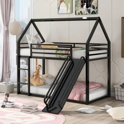 Vista 8 de Harper & Bright Designs Litera de metal para niños, cama individual sobre individual, litera baja con forma de casa, techo, escalera, barandilla