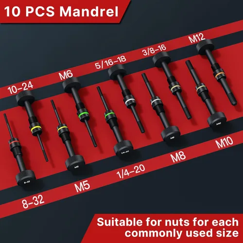 Vista 5 de Kit de Herramienta para Tuerca Remachable Kit de Tuerca Remachable, Kit de Herramienta Rivnut con 10 Mandriles Métricos y SAE, Kit Surtido de 100