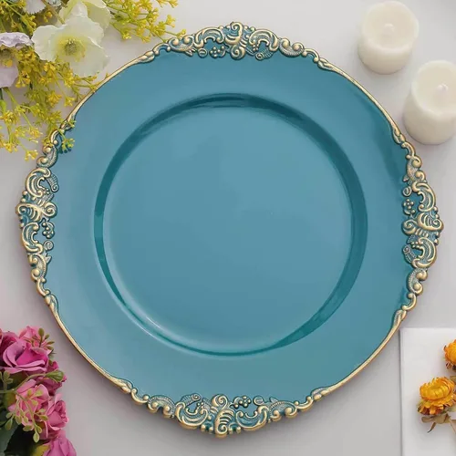 Vista 23 de Efavormart 6 Pack de 13 Pulgadas Platos de Carga Redondos Claros con Borde Tallado en Hojas Barrocas de Plata para Decoración de Mesa, Evento