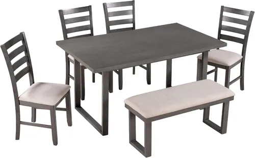 Vista 9 de Merax Juego de mesa de comedor, juego de mesa de cocina de 6 piezas con mesa rectangular y 4 sillas de comedor tapizadas con respaldo alto y banco