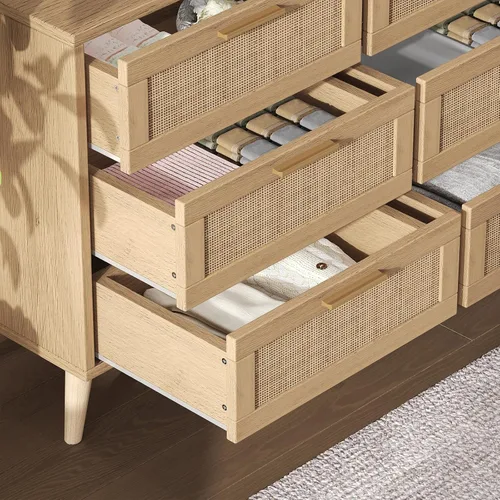Vista 83 de Rovaurx Cómoda doble de 6 cajones para dormitorio, cómoda de ratán, cómoda de madera moderna con asas doradas, mesa auxiliar para armario, sala