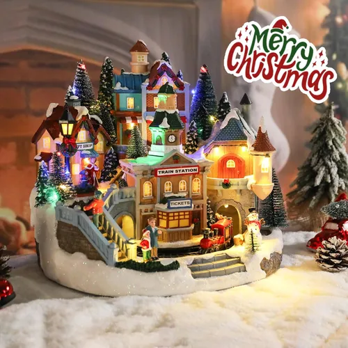 Vista 2 de Casas de Pueblo Navideño de taman - Edificios Coleccionables Musicales con Tren en Movimiento, Luces Cálidas y Adornos para Decoraciones Navideñas